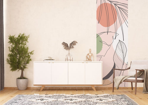 Sanders & Sanders poster getekende bladeren roze, groen en grijs - 90 x 270 cm - 601077 - vtwonen shop