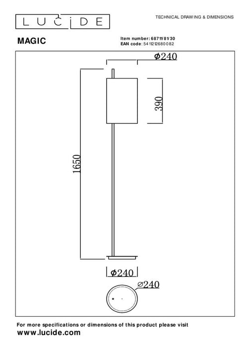 Lucide vloerlamp MAGIC - 1xE27 - Zwart