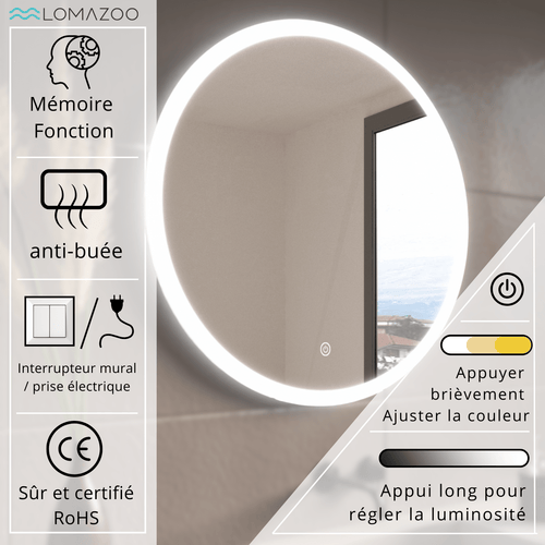 LOMAZOO badkamerspiegel Oslo - met LED verlichting & spiegelverwarming - rond - 80 cm