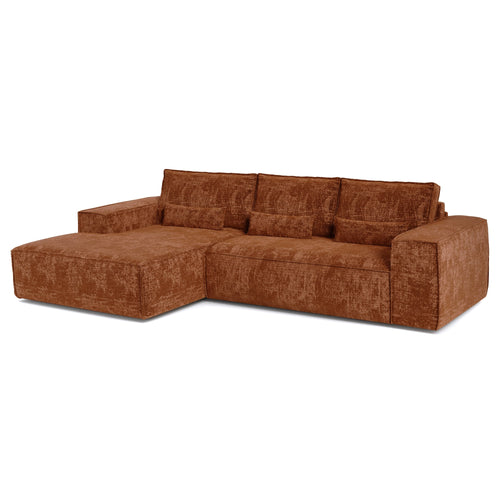Premium Interiors - Linkshoekbank met snelle uitklapfunctie JUNE - gewaafd fluweel terracotta 320cm