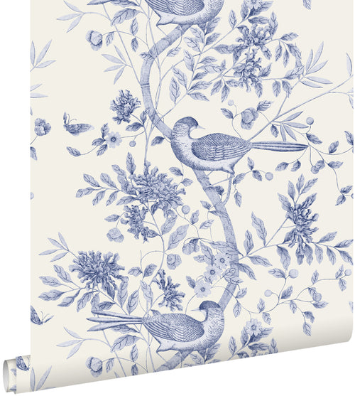 ESTAhome behang bloemen en vogels delfts blauw - 50 x 900 cm - 132115