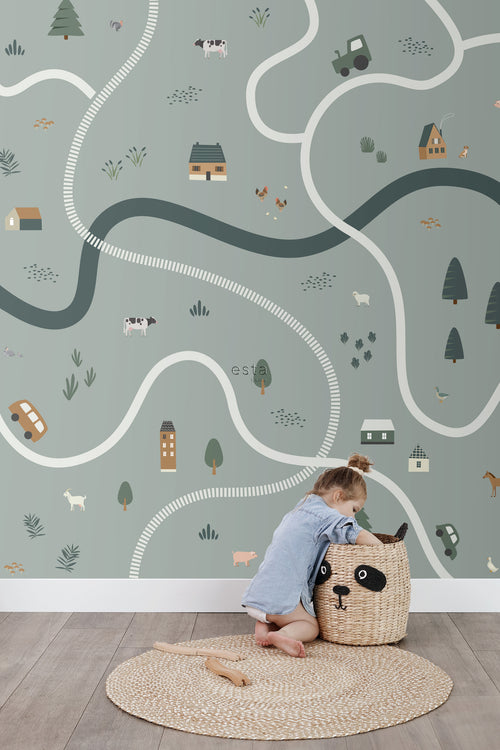 ESTAhome fotobehang tractoren en boerderijdieren vergrijsd groen - 200 x 279 cm - 159056 - vtwonen shop