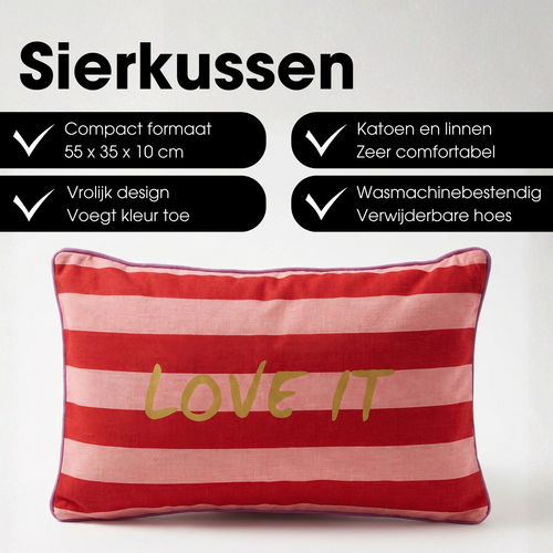 Mica Decorations Love It Sierkussen - Kussen met Kussenhoes - Woondecoratie Woonkamer - 55 x 35 x 10 cm - Katoen, Linnen, Polyester - Rood, Roze, Geel
