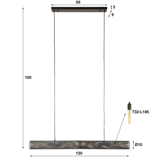 Giga Meubel Hanglamp Tube Mesh - Zwart Metaal - 120x10x150cm