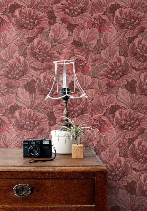 ESTAhome behang geborduurd bloemmotief bordeaux rood - 50 x 900 cm - 131870