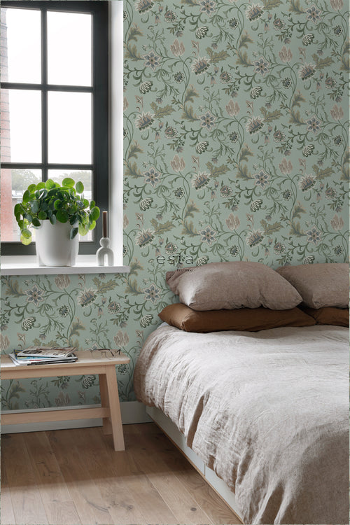 ESTAhome behang vintage bloemen celadon groen - 53 cm x 10.05 m - 139413