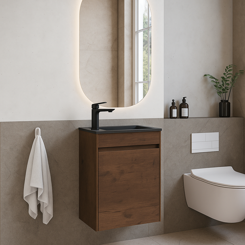 Badplaats Toiletmeubel Sinta 40 x 22 cm – Walnoot Bruin – Fonteinmeubel met Zwarte Wastafel