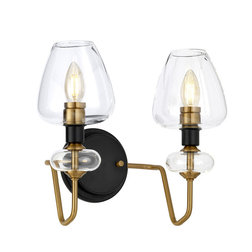 Armand 2-lichts wandlamp, verouderd messing, glazen kappen