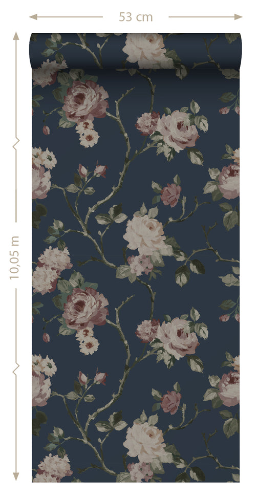 ESTAhome behang vintage bloemen donkerblauw en oudroze - 53 cm x 10.05 m - 139409