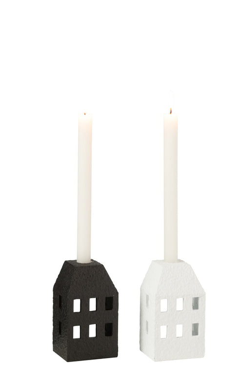 J-Line kandelaar Huis - cement - zwart/wit - 2 stuks
