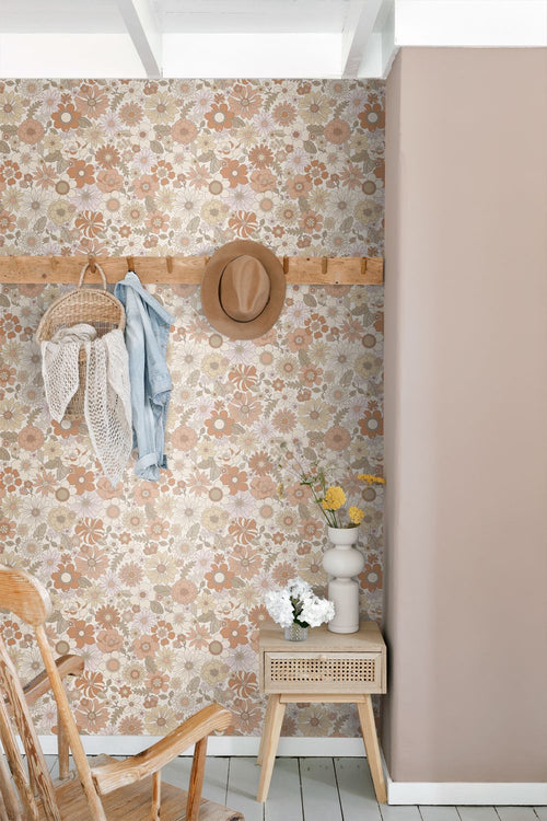 ESTAhome behang retro bloemen terracotta en lichtbeige - 53 cm x 10.05 m - 131247