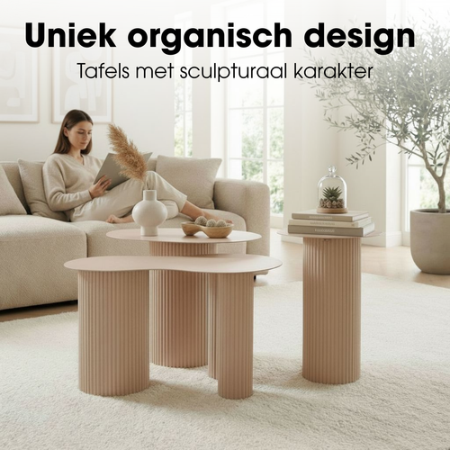 Mica Decorations Lux Bijzettafel - Set van 3 - Salontafels - Unieke Set Koffietafel - Bijzettafeltjes Woonkamer - 80 x 43 x 40 cm - IJzer - Lichtbruin