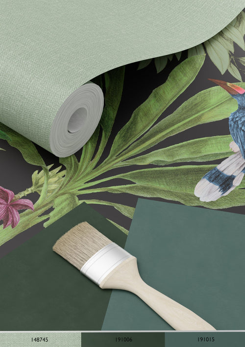 ESTAhome behang tropische jungle bladeren zwart en jungle groen - 53 cm x 10.05 m - 139190