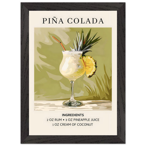 Artfulprints Poster met Lijst Piña Colada cocktail - Ingrediënten   - A4 21x29.7 cm - Groen