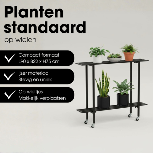 Mica Decorations Greenrax Plantenstandaard - Plantenrek met Wieltjes - Plantentafel voor Kamerplanten 90 x 22 x 75 cm - Plantentafeltje voor Binnen -
