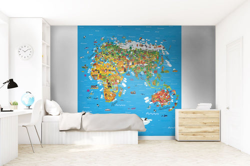 Sanders & Sanders fotobehang wereldkaart voor kinderen blauw, groen en geel - 252 x 182 cm - 600629