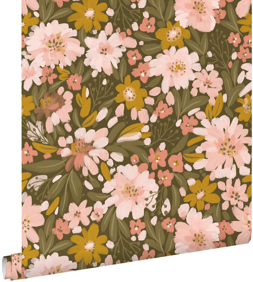 ESTAhome behang bloemen vergrijsd olijfgroen, zacht roze en okergeel - 50 x 900 cm - 130928 - vtwonen shop