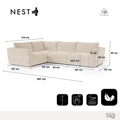 Sia Home - Modulaire hoekbanken links NEST - Zacht aanvoelende geweven stof - Beige - 307cm