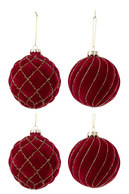 J-Line kerstbal Lijnen/Geruit - fluweel - rood/goud - doos van 4