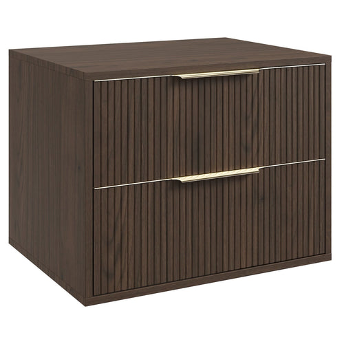 Badplaats Wastafelkast Rimini 60 cm – Walnoot Bruin – Hangend Badmeubel met 2 Lades en Gouden Handgrepen