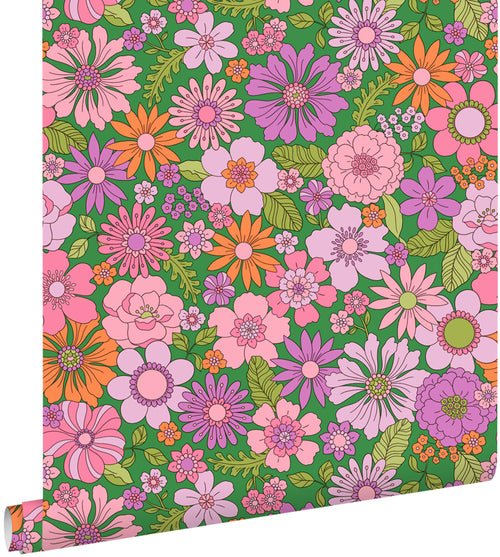 ESTAhome behang retro bloemen groen, paars, roze en oranje - 50 x 900 cm - 131806