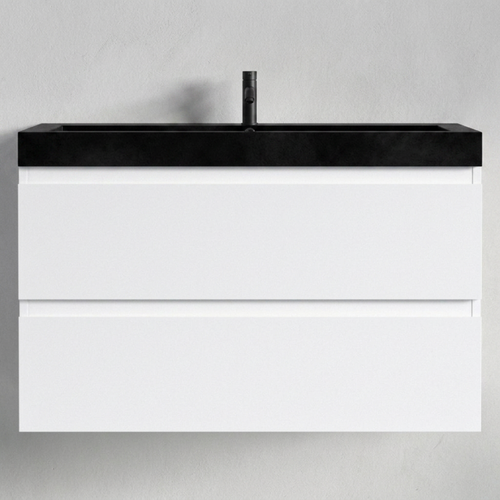LOMAZOO badmeubelset Avalon - met hoge kast & zwarte wastafel - glanzend wit - 80 cm