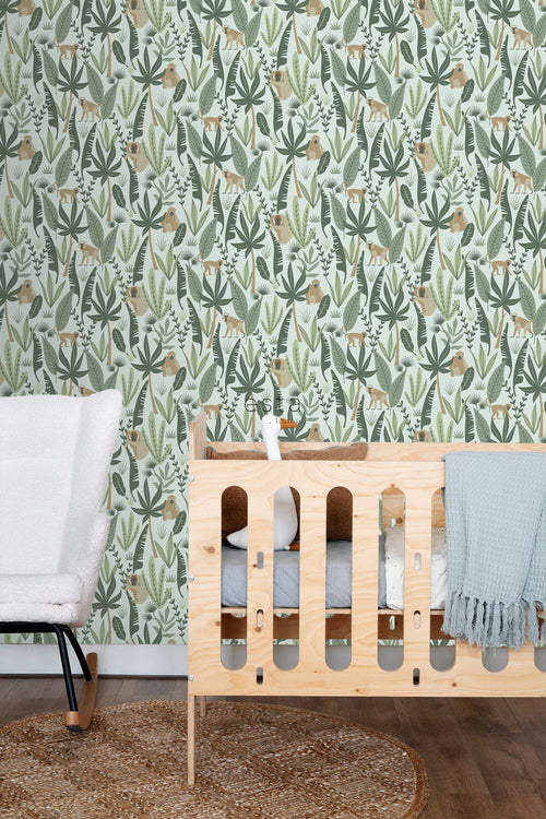 ESTAhome behang jungle apen mintgroen en donkergroen - 53 cm x 10.05 m - 139073