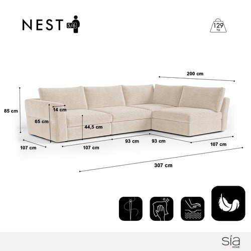Sia Home - Modulaire rechte hoekbank NEST - Zacht aanvoelende geweven stof - Beige - 307cm