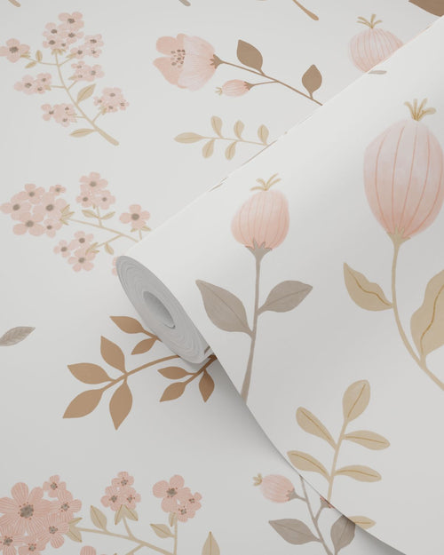 ESTAhome behang bloemen zacht roze en vergrijsd olijfgroen - 53 cm x 10.05 m - 139692