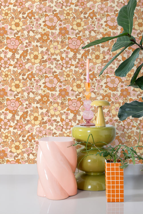 ESTAhome behang retro bloemen oranje en roze - 50 x 900 cm - 131532 - vtwonen shop
