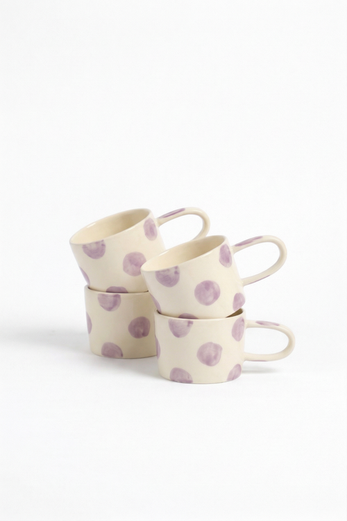 vtwonen - Mokken - Stippen - Lila - Keramiek - 350ml - Set van 4