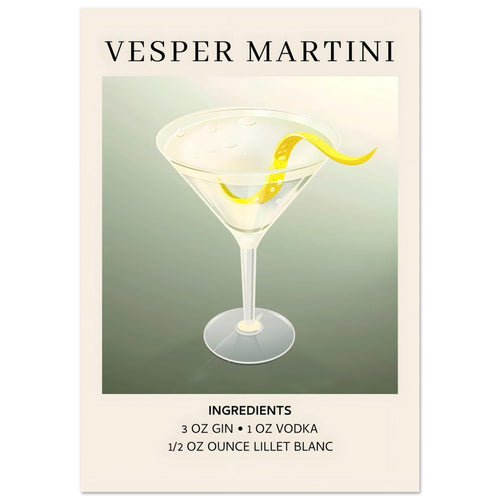 Artfulprints Poster met Lijst Vesper Martini cocktail - Ingrediënten   - 50x70 cm - Grijs