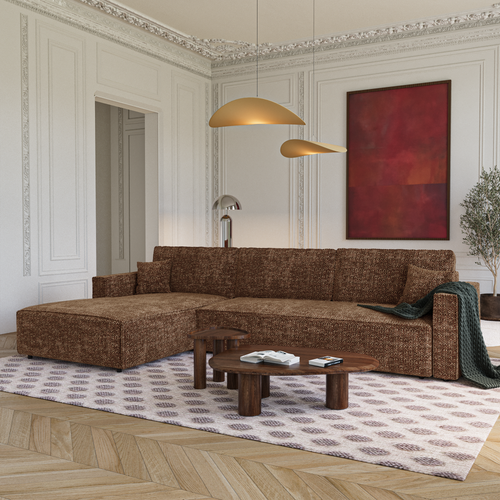 Premium Interiors - Linkshoekbank met slaapfunctie en opbergruimte  - stof met tweed-effect karamel 197cm