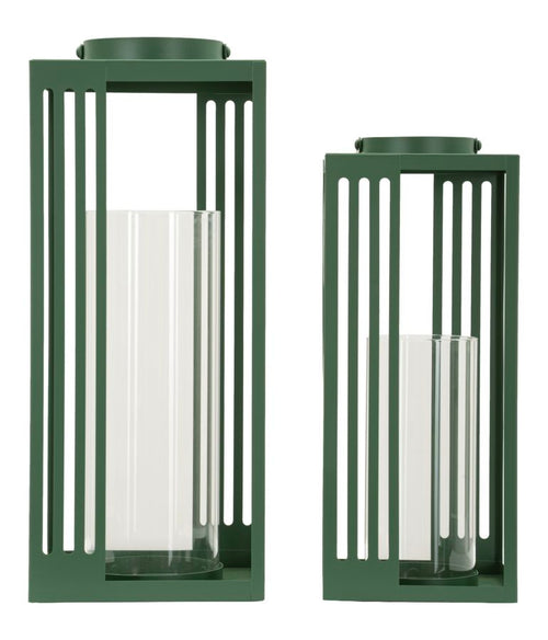 Set van 2 groene metalen lantaarns 18x18x43,5 - 15x15x36,5 cm