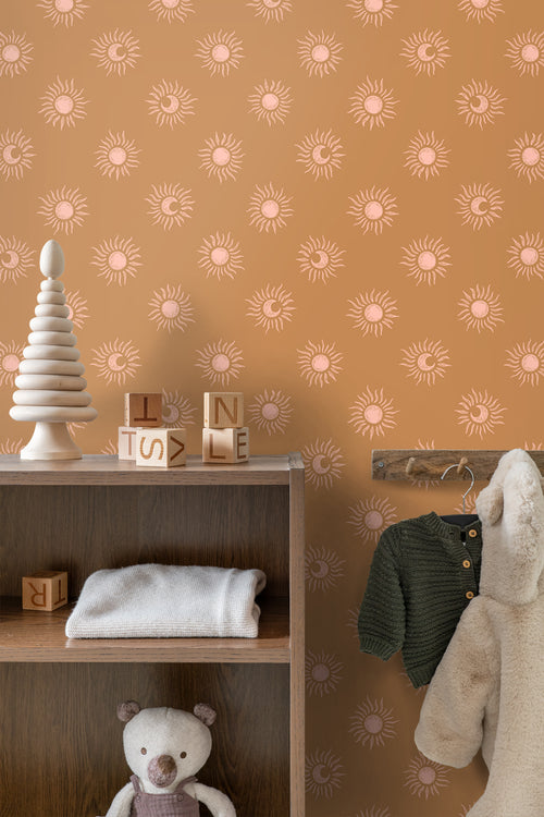 ESTAhome behang zonnetjes bruin en roze - 50 x 900 cm - 131775