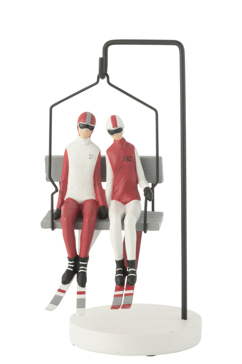 J-Line decoratie Skilift Ski Couple - polyresin - rood/wit