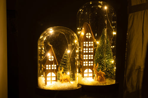 J-Line decoratie Stolp Huis Kerst - glas/hout - bruin/groen - large - LED lichtjes - vtwonen shop