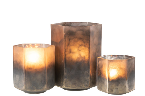 J-Line windlicht Zeshoek - glas - grijs - large