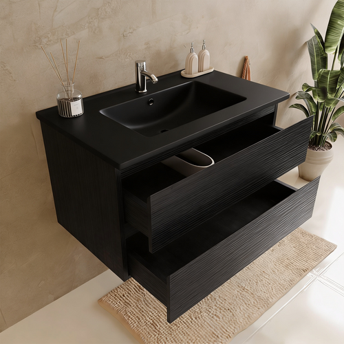 LOMAZOO badmeubelset Verona - met hoge kast & zwarte wastafel - mat zwart - 80 cm
