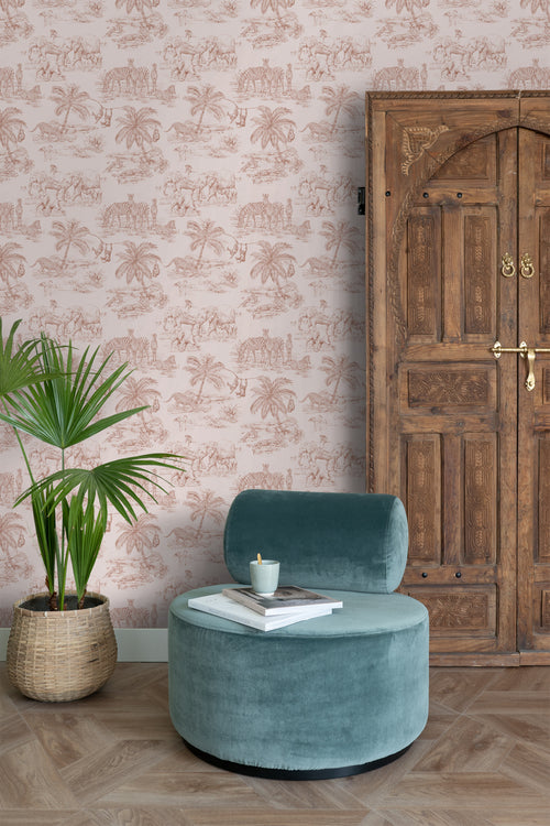 ESTAhome behang jungle dieren terracotta roze - 53 cm x 10.05 m - 139348 - vtwonen shop