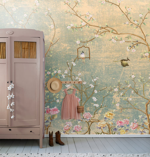 Sanders & Sanders fotobehang bloemen en vogels zeegroen - 350 x 270 cm - 601001 - vtwonen shop