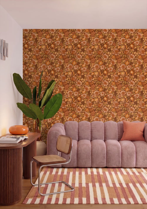ESTAhome behang bloemen terracotta, bruin en groen - 50 x 900 cm - 132196