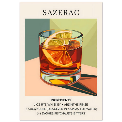 Artfulprints Poster met Lijst Sazerac cocktail - Ingrediënten   - 50x70 cm - Meerkleurig