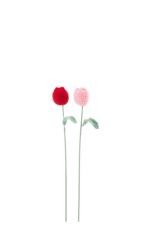 J-Line kunstbloem Tulp Gehaakt - polyester - lichtroze/rood - set van 2