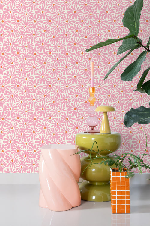 ESTAhome behang madeliefjes roze en oranje - 53 cm x 10.05 m - 131149 - vtwonen shop