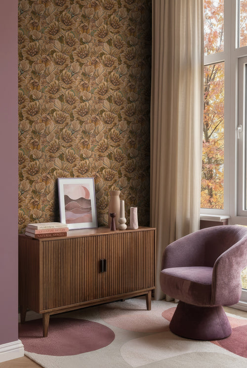 ESTAhome behang geborduurd bloemmotief beige bruin - 50 x 900 cm - 131868