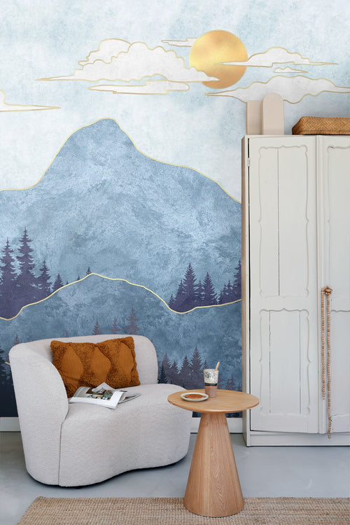 Sanders & Sanders fotobehang berglandschap blauw en goud - 375 x 270 cm - 601004
