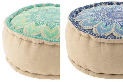 J-Line poef Rond Bloem - katoen - turquoise/blauw - 2 stuks