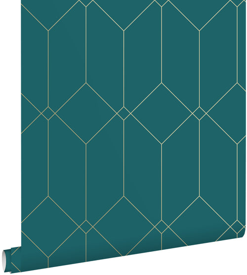 ESTAhome behang art deco motief goud, groen en blauw - 53 cm x 10.05 m - 139224