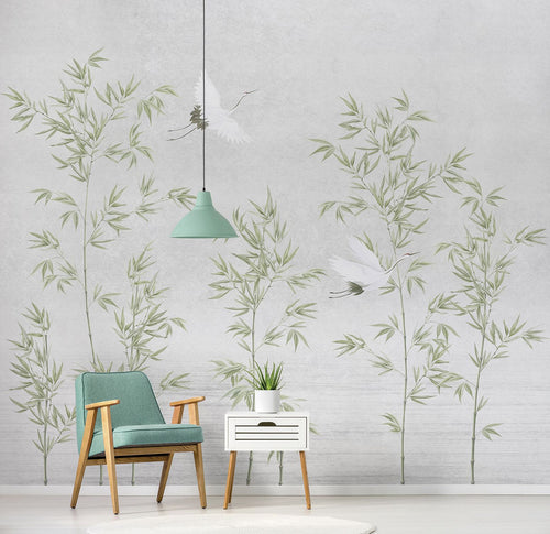 Sanders & Sanders fotobehang kraanvogels grijs en olijfgroen - 318 x 280 cm - 640802